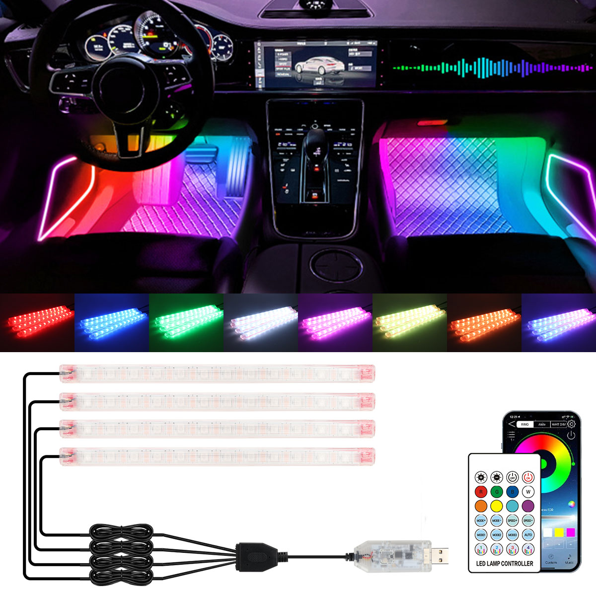Led Ambient Interior Car Lights App Control - 2/4in1 12/18 LED RGB Rainbow Atmosphere
