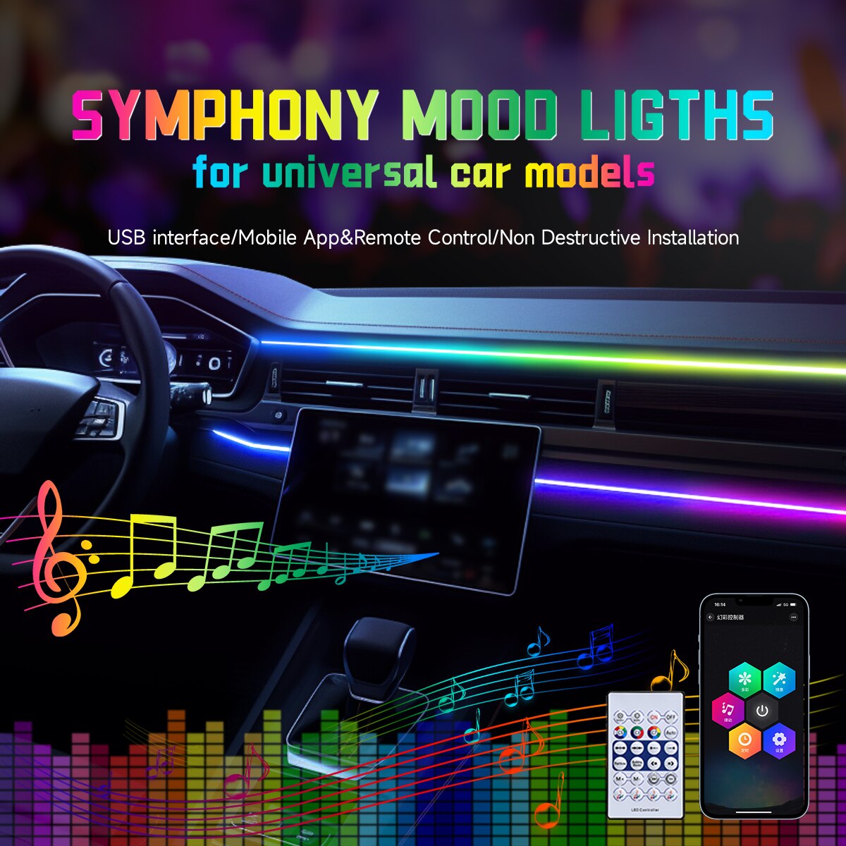 Car LED Ambient Light USB 64 C - đánh giá và giá Led Ambient Interior Car Lights App Control